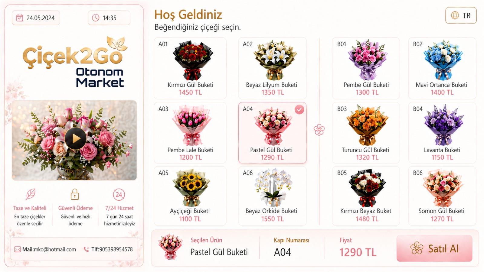 Çiçek2Go dokunmatik ürün seçim ekranı